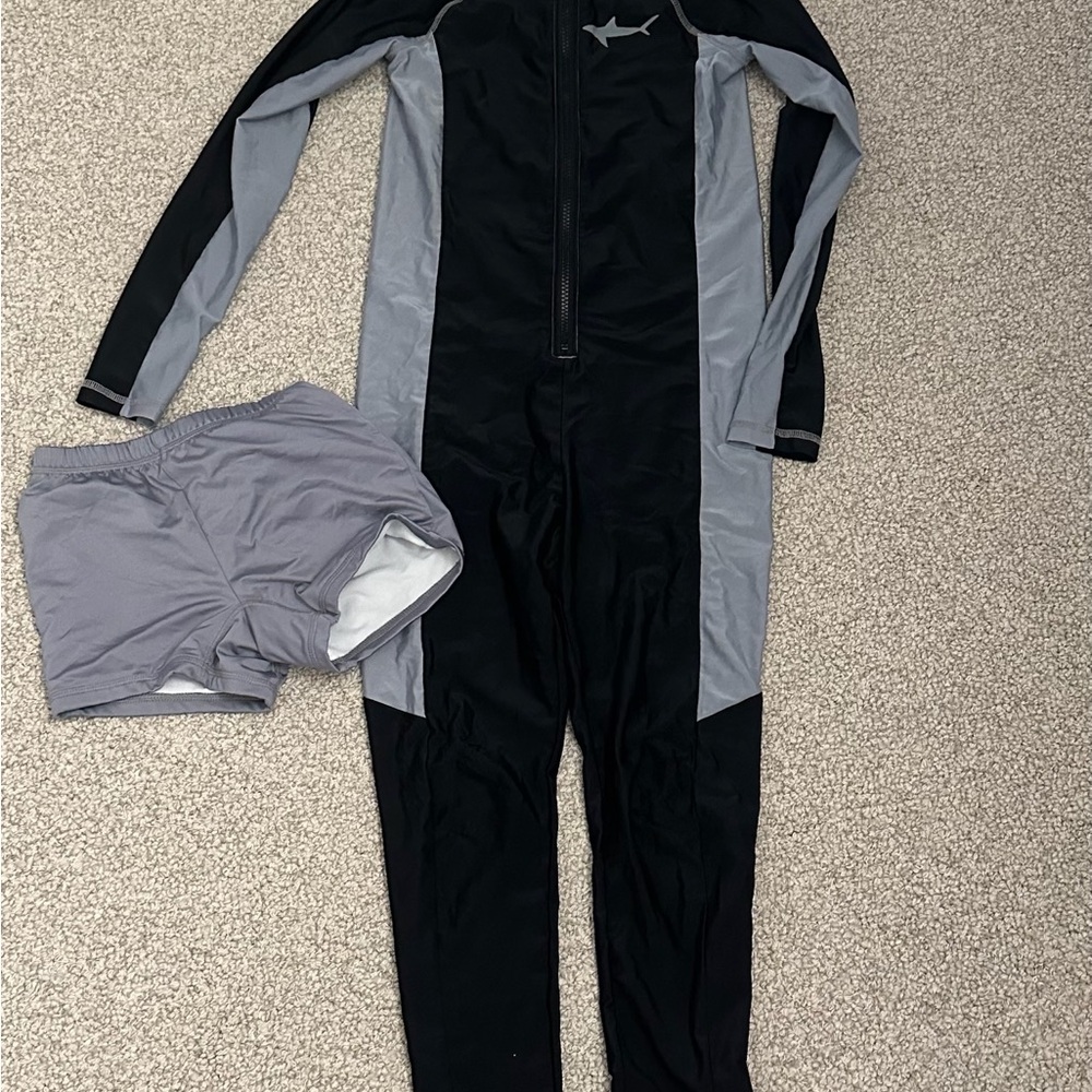 Black and Gray Full-Body Swimsuit with Shorts